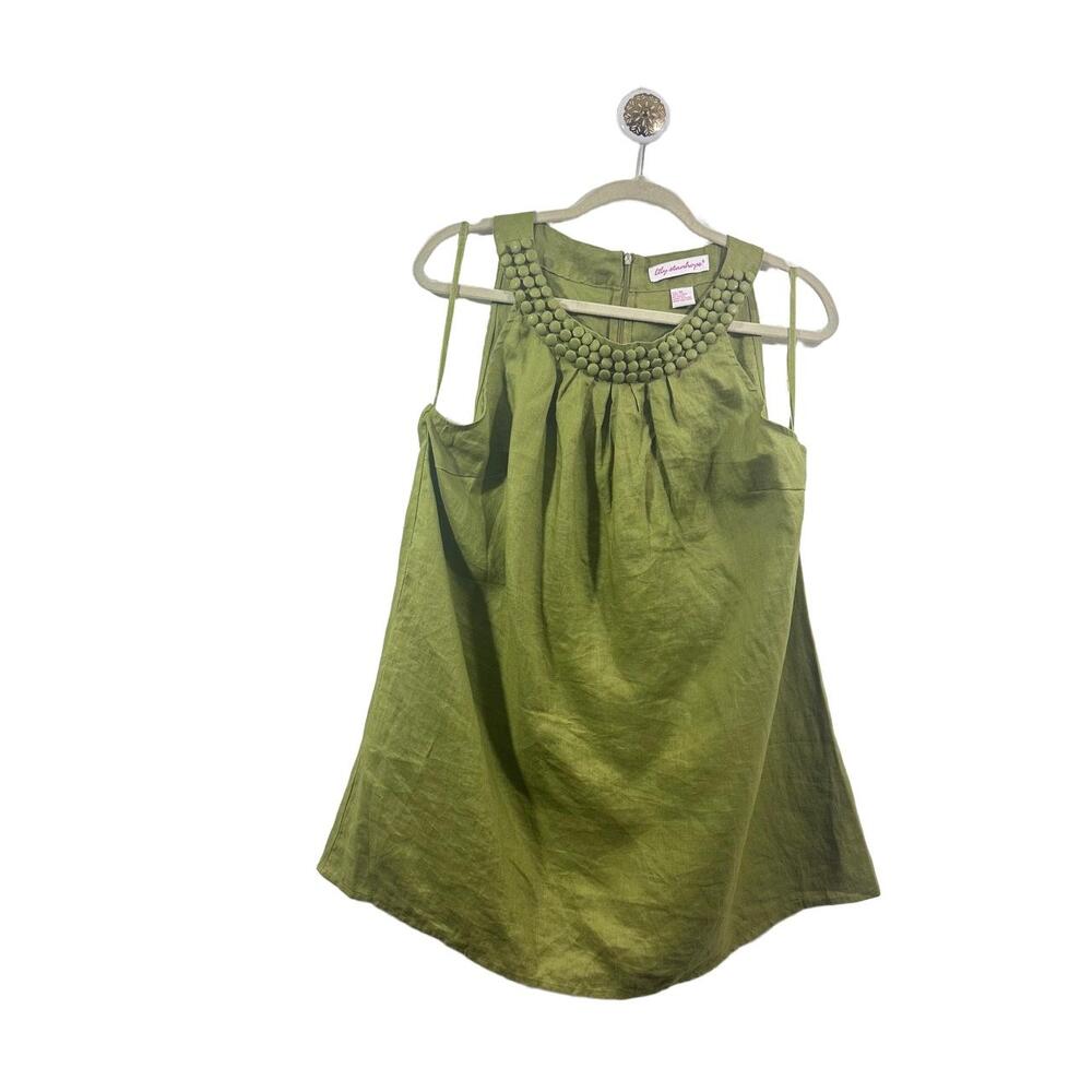 Lily Stanhope Blouse Linen Size XL Olive Green Halter Sleeveless Beaded Pleated